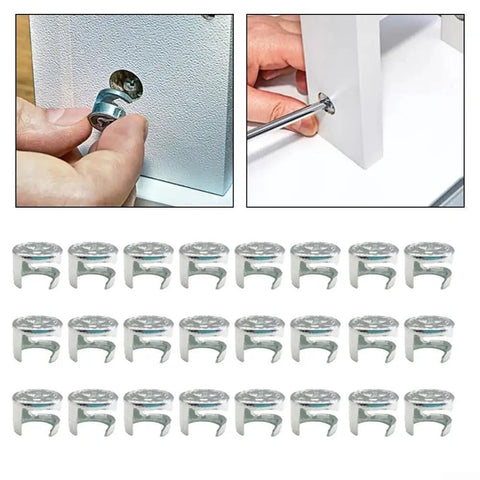 Dead Tight Zinc Alloy Cam Lock Nuts For Cabinets And Drawers Heavy Duty Furniture Connector Fasteners To Keep Wardrobes Secure For Easy DIY Fixes Pack Of 24 Pieces shown in use and packed.