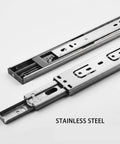 Close-up of stainless steel drawer slides with soft close and full extension ball bearing glides for cabinets and drawers smooth quiet operation