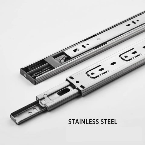 Close-up of stainless steel drawer slides with soft close and full extension ball bearing glides for cabinets and drawers smooth quiet operation