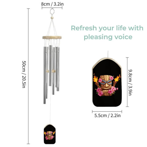 Mask Inspired Hawaiian Flowers Wind Chimes With Six Tuned Aluminum Tubes For Outdoor Decor Garden Patio Balcony Good Vibe Weatherproof Aluminum Build With Wooden Tags And Sturdy Hangers, dimensions shown.