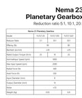 NEMA 23 Stepper Motor Planetary Gearbox With 8mm Input Shaft And 10:1 Reduction Ratio specifications table showing models and features.