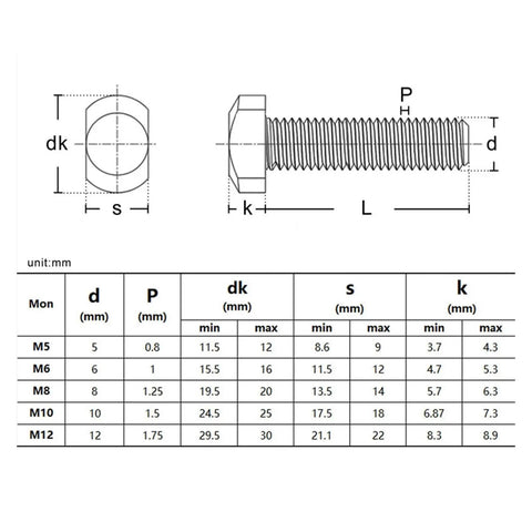 Technical diagram of Stainless Steel T Shape Hammer Head Bolts for T Slot Systems M5 M6 M8 M10 M12 with dimensions
