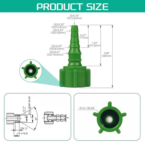 Five Pack Oxygen Tubing Swivel Nipple Connectors Individually Packaged For No Hassle Setup And A Solid Leak Free Fit With Most Oxygen Concentrators Regulators And Flow Meters. Green 9/16-18UNF connector size diagram