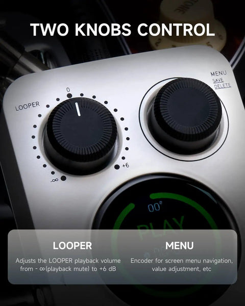 Close-up of two knob controls on an All In One Drum Looper And Guitar Pedal With Hundred Memory Slots And Three Hundred Minutes Of Total Recording Time