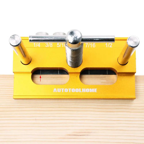 Self Centering Doweling Jig Kit For 6 Inch Dowel Jig With 6 Drill Guide Bushings on a wooden board
