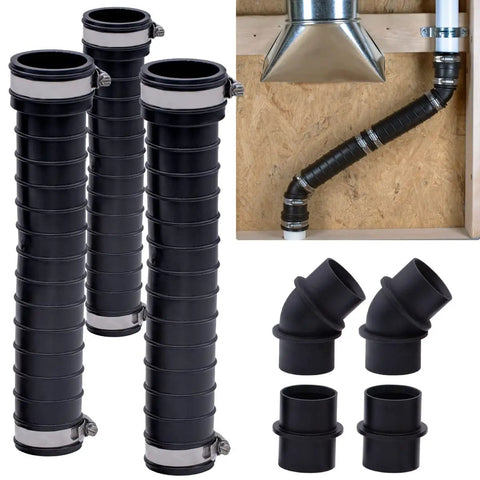 QwikFlex 36 Inch Flexible Pipe Connector Kit For Offset Or Hard To Reach 1-1/2 Inch SCH40 PVC DWV Connections, three pipes and installation setup