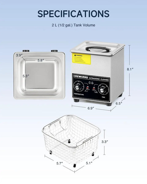 Straight Up Workhorse 2L Ultrasonic Cleaner Tank With 60W Cavitation Waves And Sweet 100W Heater Paired With Precise Digital Timer specifications image.