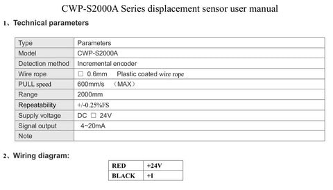 2000mm Draw Wire Encoder Workhorse With 24Vdc Power And 4-20mA Output For Cylinders And Test Benches technical parameters