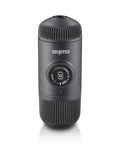 Front view of Nanopresso Portable Espresso Maker With 18 Bar Pressure Manual Battery Free Travel Coffee Kit in compact grey.