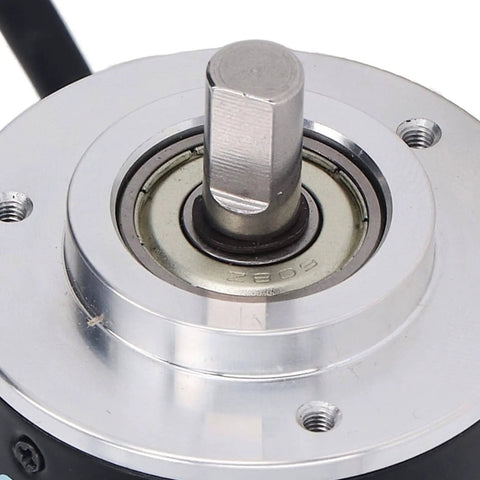Close-up of 50mm Incremental Rotary Encoder For Intelligent Control, DC 5 To 24V Wide Voltage, 2 Phase 2000 P R with metal shaft.