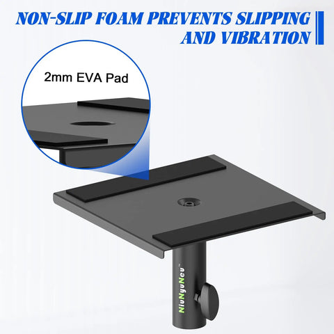 Universal 9 By 9 Inch Speaker Monitor Stand Plate For 35mm Poles with 2mm EVA Pads, showing non-slip features and 40mm mount hole.