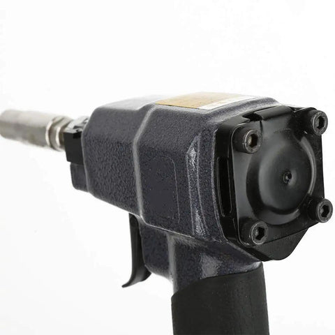 Close-up of Lightweight Pneumatic Nail Gun For Trim And Finish Work, Pin Nailer For Woodwork, showing durable metal build and trigger