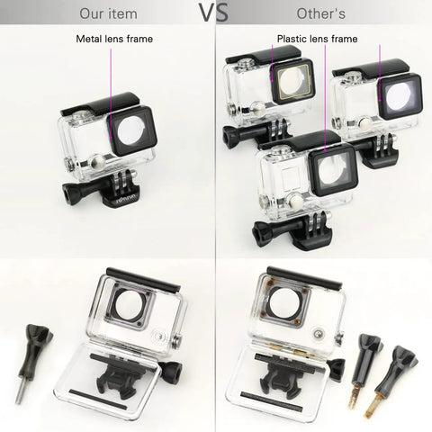 Comparison of Beast Mode Waterproof Dive Case for GoPro Hero 3 3 Plus and 4 Black Silver with competitor's model highlighting metal frame