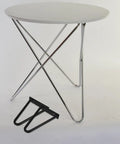 Black Iron Hairpin Table Leg Set, 2 Pack, shown next to a modern industrial round table, highlighting easy install feature.