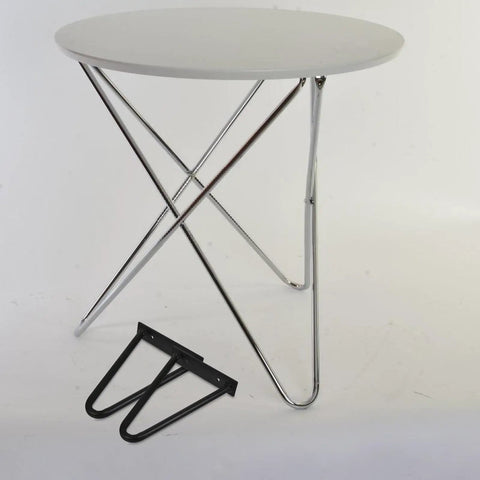 Black Iron Hairpin Table Leg Set, 2 Pack, shown next to a modern industrial round table, highlighting easy install feature.