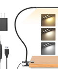 Clip On LED Book Light With Flexible Gooseneck 3 Color Modes And 10 Brightness Levels Energy Saving Eye Care Lamp For Kids And Adults Reading In Bed Clip To Bedside Table Or Headboard shown with USB and plug-in adapter