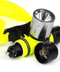 Beastly Bright 1800 Lumen Diving Headlamp with aluminum alloy head, fluorescence ABS body, showing magnetic switch and battery compartment