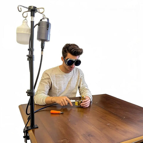 Rock Solid Rotary Tool Stand With Adjustable Height Table Clamp And Flexible Shaft Hook Rack For Dremel Foredom Shops Badass Workshop Organizer Built For The Grind in use, with a man working on a project.