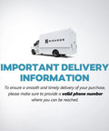 Delivery information notice with a white truck displaying 'Mirador' on its side, emphasizing the need for a valid phone number for delivery.