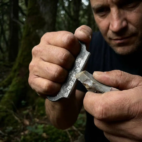 Person using Flint And Steel Fire Starter Kit with Hand Forged Carbon Steel Striker and English Flint Stone in forest