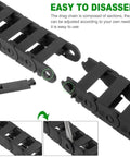 Flexible Drag Chain Cable Wire 10x15mm Internal Size Black Open Type For CNC Routers, shown disassembled with connectors