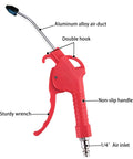 Red air blow gun with four inch nozzle, ergonomic grip, tilting nozzle, high impact plastic, 1/4 inch NPT inlet, universal fittings.