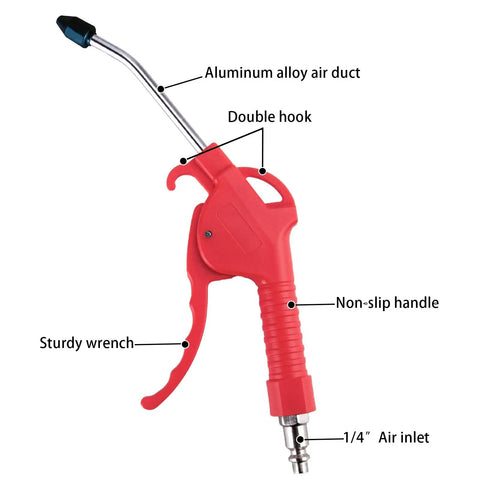 Red air blow gun with four inch nozzle, ergonomic grip, tilting nozzle, high impact plastic, 1/4 inch NPT inlet, universal fittings.