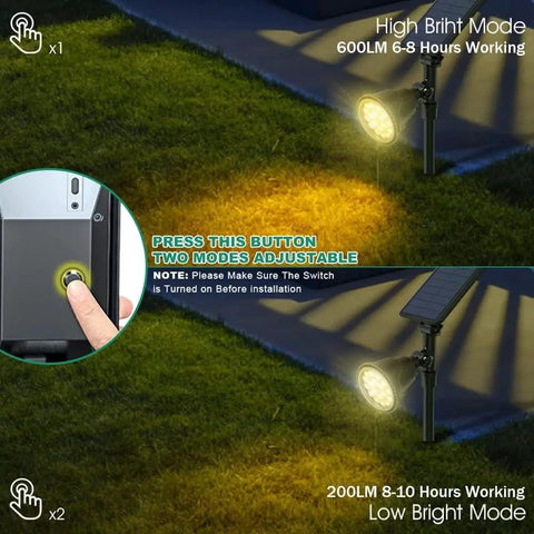 Outdoor Solar Spotlight Kit With 18 LED Ultra Bright Lights Waterproof 600 Lumen Auto On Off shown in bright and low modes