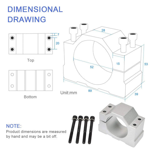 Dimensional drawing and spindle clamp with bolts for CNC Spindle Motor Kit 500W ER11 Brushed