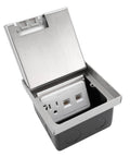Heavy Duty Flush Floor Power Outlet Box Featuring Stainless Steel Silver Finish and Zero Fuss Easy Pull Lid Access opened with outlet visible.