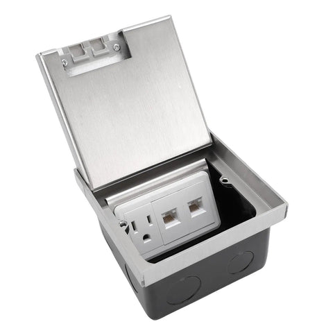 Heavy Duty Flush Floor Power Outlet Box Featuring Stainless Steel Silver Finish and Zero Fuss Easy Pull Lid Access opened with outlet visible.