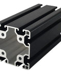 Rock Steady 8080 Aluminum Extrusion Profile Anodized Linear Rail Guide Black Heavy Duty Frame Beam Rigged For Diy Machinery Cnc Robotics And Garage Builds Runs Super Smooth 250 Mm close-up view of sectional black anodized aluminum rail.
