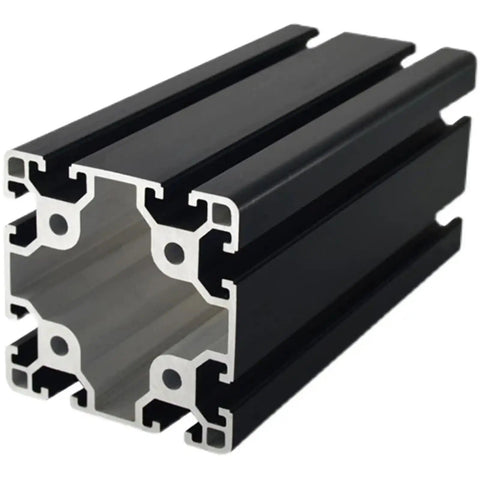 Rock Steady 8080 Aluminum Extrusion Profile Anodized Linear Rail Guide Black Heavy Duty Frame Beam Rigged For Diy Machinery Cnc Robotics And Garage Builds Runs Super Smooth 250 Mm close-up view of sectional black anodized aluminum rail.