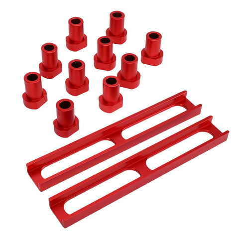 Red Three Quarter Inch Aluminum Bench Dog Set For 19mm MFT Table Holes With Non Slip Pad And Positioning Block displayed on white background.