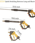 High Power Pressure Washer Gun With Adjustable Pressure, Extension Wand, Quick Connect, 5 Nozzle Tips, 2 Adapters, 10 O Rings, 5000 PSI, Beefy Performance, Compatible With Most Pressure Washers, showing multiple configurations with size measurements.