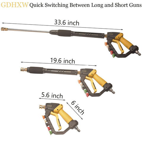 High Power Pressure Washer Gun With Adjustable Pressure, Extension Wand, Quick Connect, 5 Nozzle Tips, 2 Adapters, 10 O Rings, 5000 PSI, Beefy Performance, Compatible With Most Pressure Washers, showing multiple configurations with size measurements.