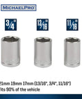 Set of three sockets in 3/4, 13/16, and 11/16 sizes part of 2-In-1 Lug Wrench And Torque Wrench, 1/2 Inch Drive.