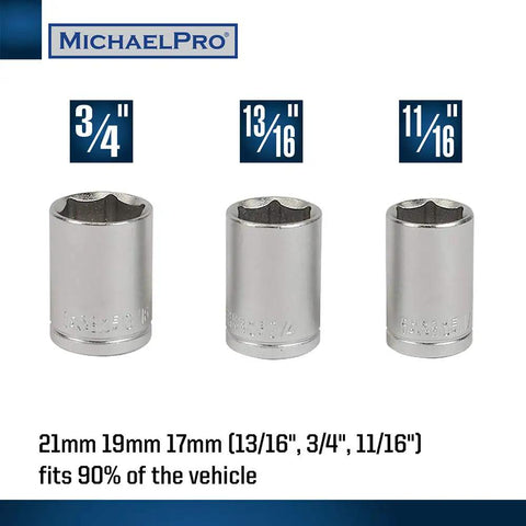 Set of three sockets in 3/4, 13/16, and 11/16 sizes part of 2-In-1 Lug Wrench And Torque Wrench, 1/2 Inch Drive.