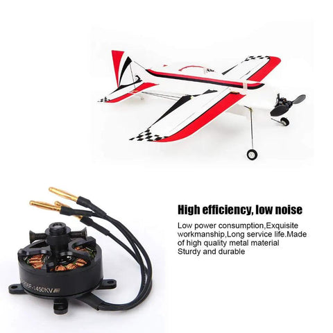 Beefy 2206 1450KV Brushless RC Motor, 20A Outrunner for Fixed Wing Airplanes shown with model plane, black, metal frame