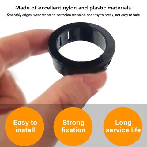 Super Cool Heavy Duty Nylon Cable Grommet Kit With 160 Pieces In Six Size Options For Fast Wire Management, Electrical Snap Insulating, And Diy Repair Jobs That Keep Your Home Or Car Looking Fresh And Safe. black nylon cable grommet held between fingers