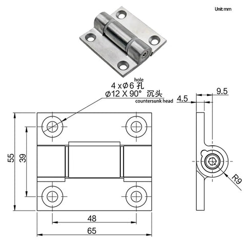 Stainless steel cabinet door hinge, front view, with mounting plate and four screw holes; adjustable torque, 1 piece