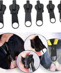 6 Pack Black Zipper Sliders Pullers Repair Kit For Coats Jackets And Luggage Instant Fix Zipper Set Replacement Fasteners Easy To Use Repair Tool For Broken Zips shown with installation examples.