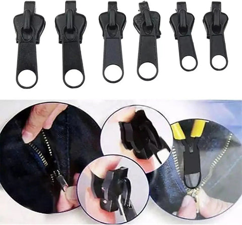 6 Pack Black Zipper Sliders Pullers Repair Kit For Coats Jackets And Luggage Instant Fix Zipper Set Replacement Fasteners Easy To Use Repair Tool For Broken Zips shown with installation examples.