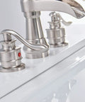 Brushed nickel faucet with two handles on a white sink, not matching Matte Black Widespread Bathroom Faucet 8 Inch Centers With 2 Handles Waterfall Flow 3 Hole Farmhouse Vanity Sink Faucet Pop Up Drain Assembly For Easy Install And Supply Lines Included Commercial Mixer Faucet