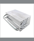 No Fuss Folding Stainless Steel Gear Case With Easy Grip Carry Handle, showing a sleek silver design and sturdy handle.