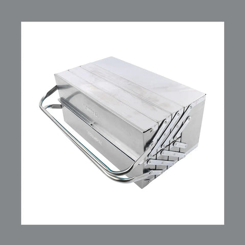 No Fuss Folding Stainless Steel Gear Case With Easy Grip Carry Handle, showing a sleek silver design and sturdy handle.