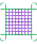 Heavy Duty Nylon Cargo Lift Net Rock Solid Sling Rig For Flatbed Hauling and Construction Sites, 1x1 meter mesh with green and purple straps.