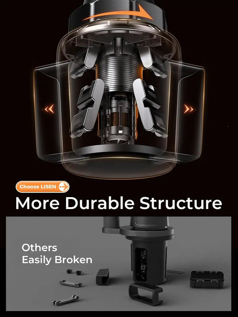 Upgraded Cup Holder Phone Mount structure with durable material, highlighting stability compared to broken alternatives