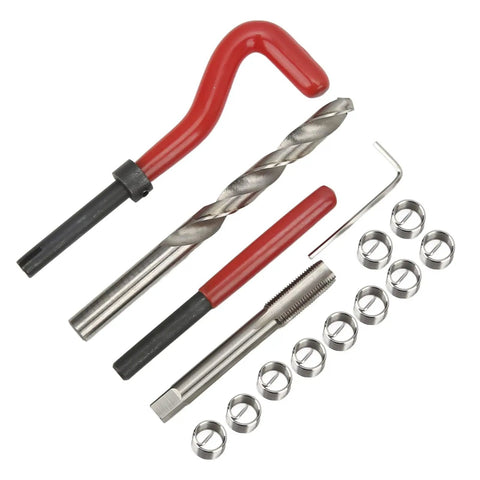 15 Piece M10x1.0x13.5mm Thread Repair Kit with metal drill bit, tap, and threaded inserts for machine repair