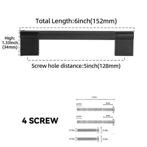 Diagram showing dimensions of 10 Pack 5 Inch Matte Black Cabinet Handles For Cabinets And Drawers Durable Metal Pulls, including screws.